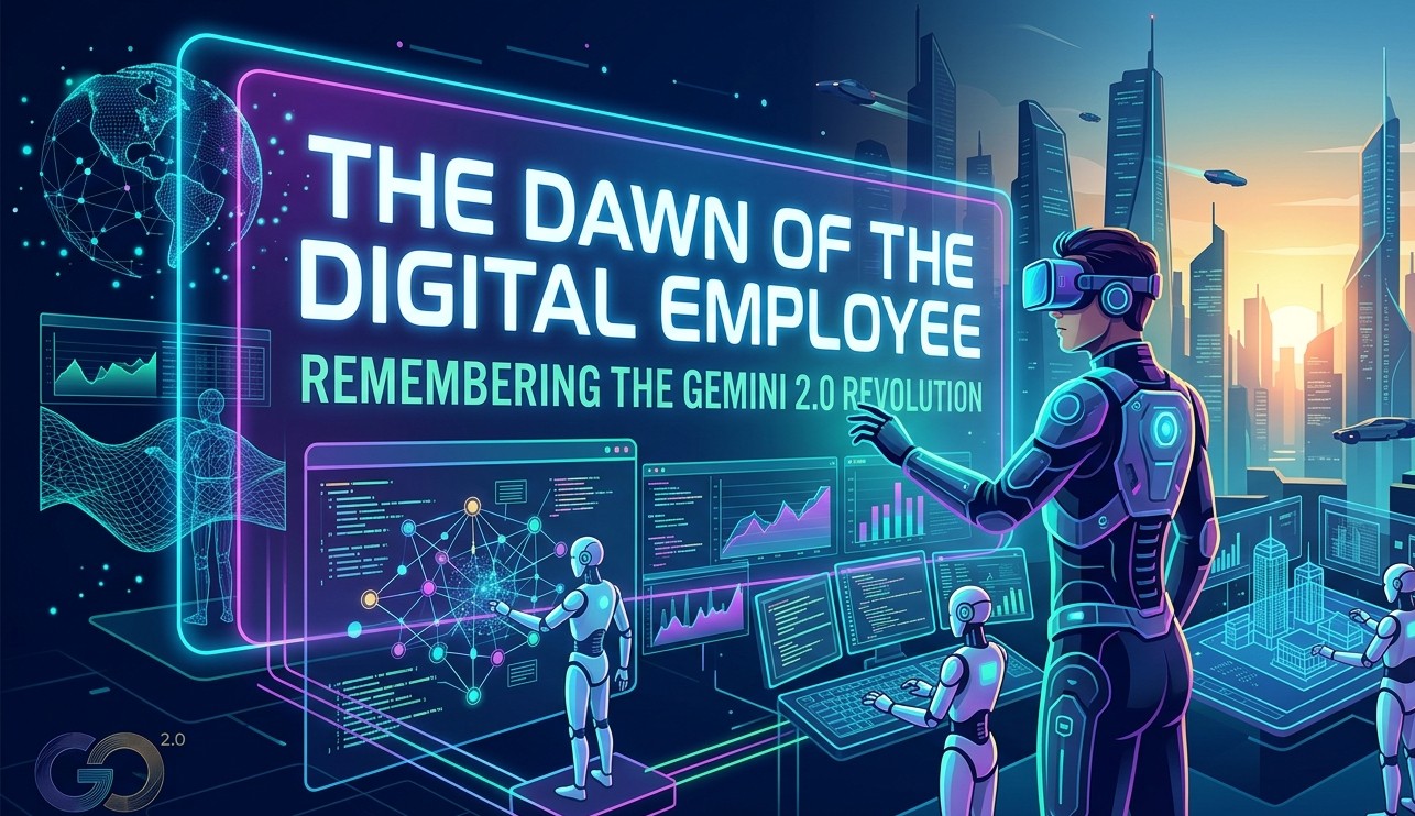 Futuristic control room with neon holographic screens displaying 'The Dawn of the Digital Employee' as robotic staff analyze data in a high-tech cityscape backdrop.