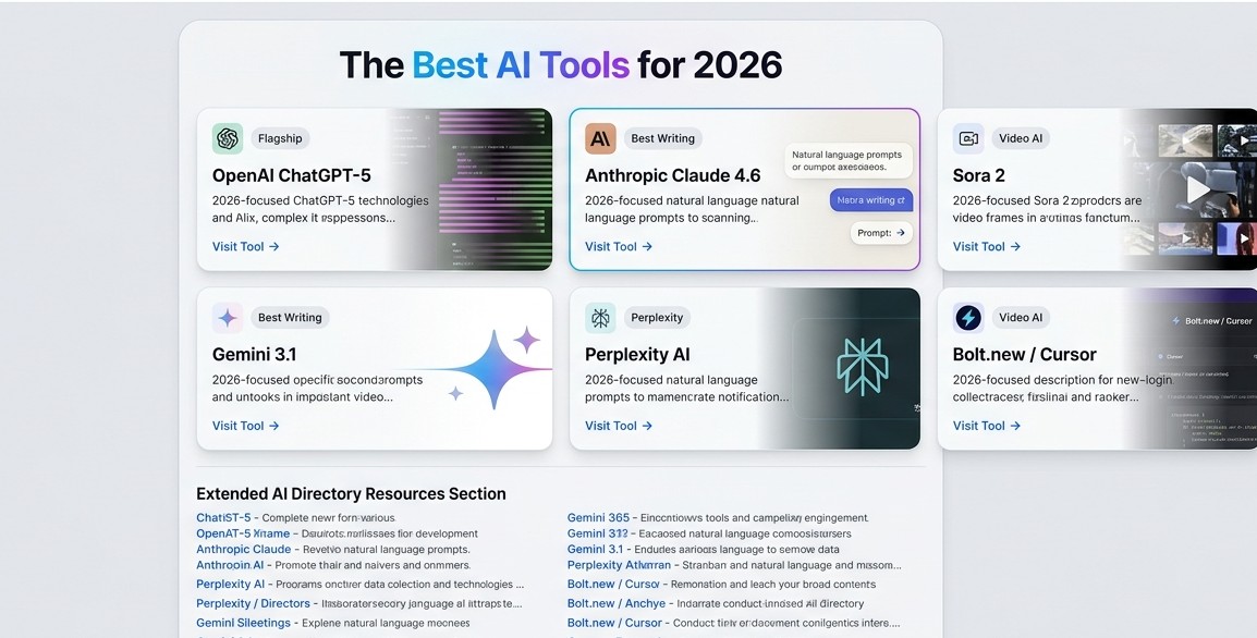 Overview graphic titled The Best AI Tools for 2026 showing six tool cards like OpenAI ChatGPT-5, Anthropic Claude 4.6, Sora 2, Gemini 3.1, Perplexity AI, and Bolt.new / Cursor.