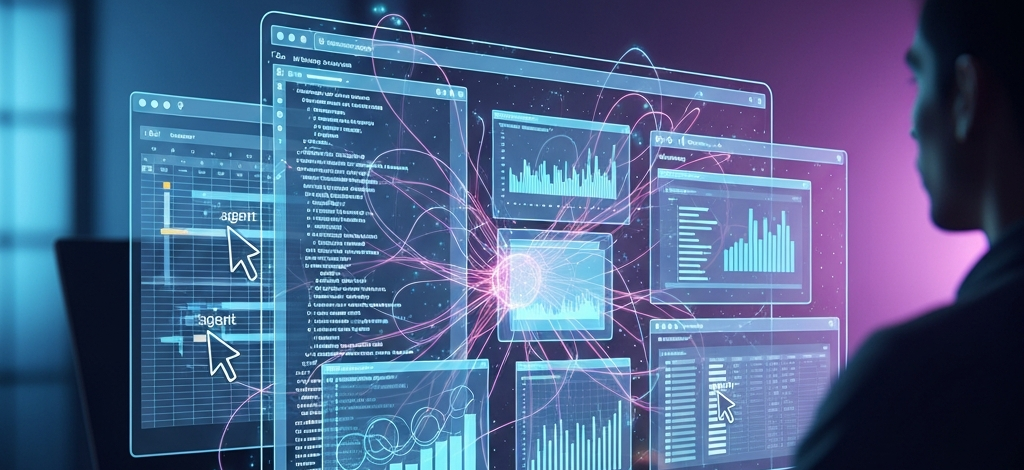 Person observing a cluster of holographic data dashboards with charts and graphs on translucent screens.