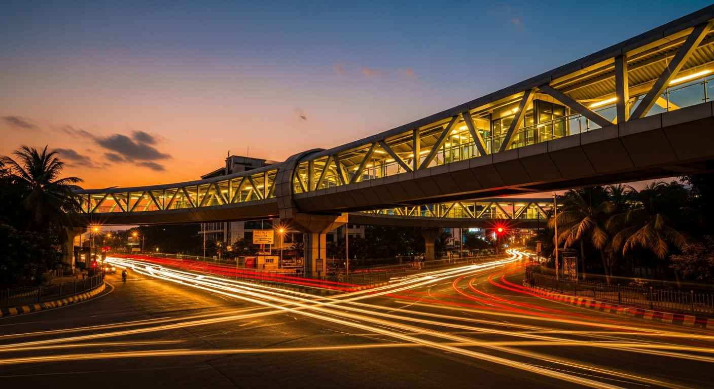 Evening urban scene with a lit pedestrian skywalk over a busy intersection; clear long-exposure light trails from vehicles.