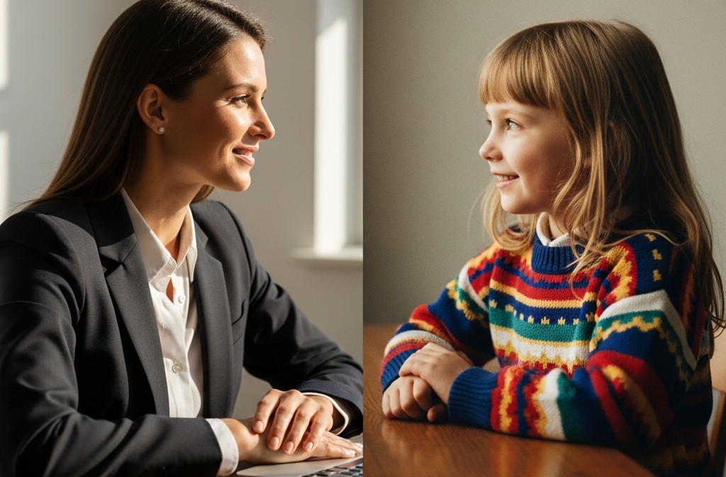 Two people sit at a table facing each other: a professional woman in a suit and a smiling young girl in a colorful sweater, engaged in conversation.Divided image showing mentorship or friendly discussion.