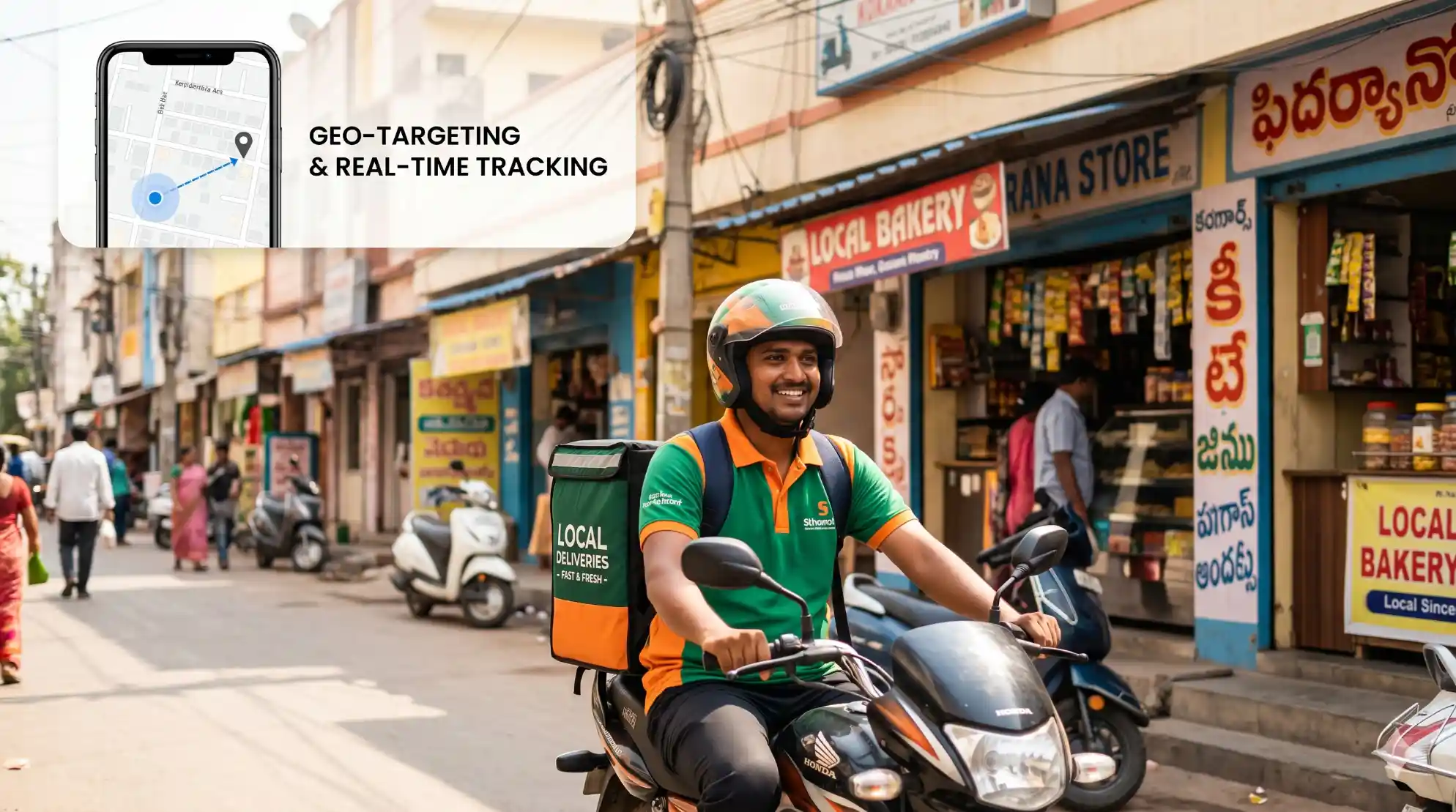 Delivery rider on a scooter in a busy Indian market street, wearing a green and orange uniform with a insulated bag that reads Local Delivers.
