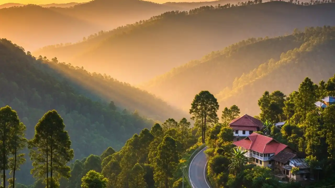 Sunrise over a misty mountain valley with a winding road and cluster of red-roof houses perched on a hillside.