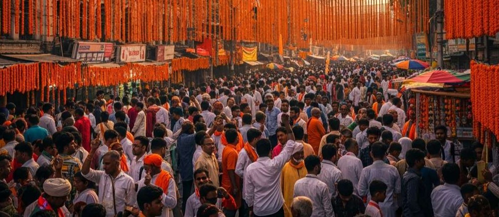 Dense street festival scene with orange streamers overhead, crowded with shoppers and vendors along market stalls in daylight.