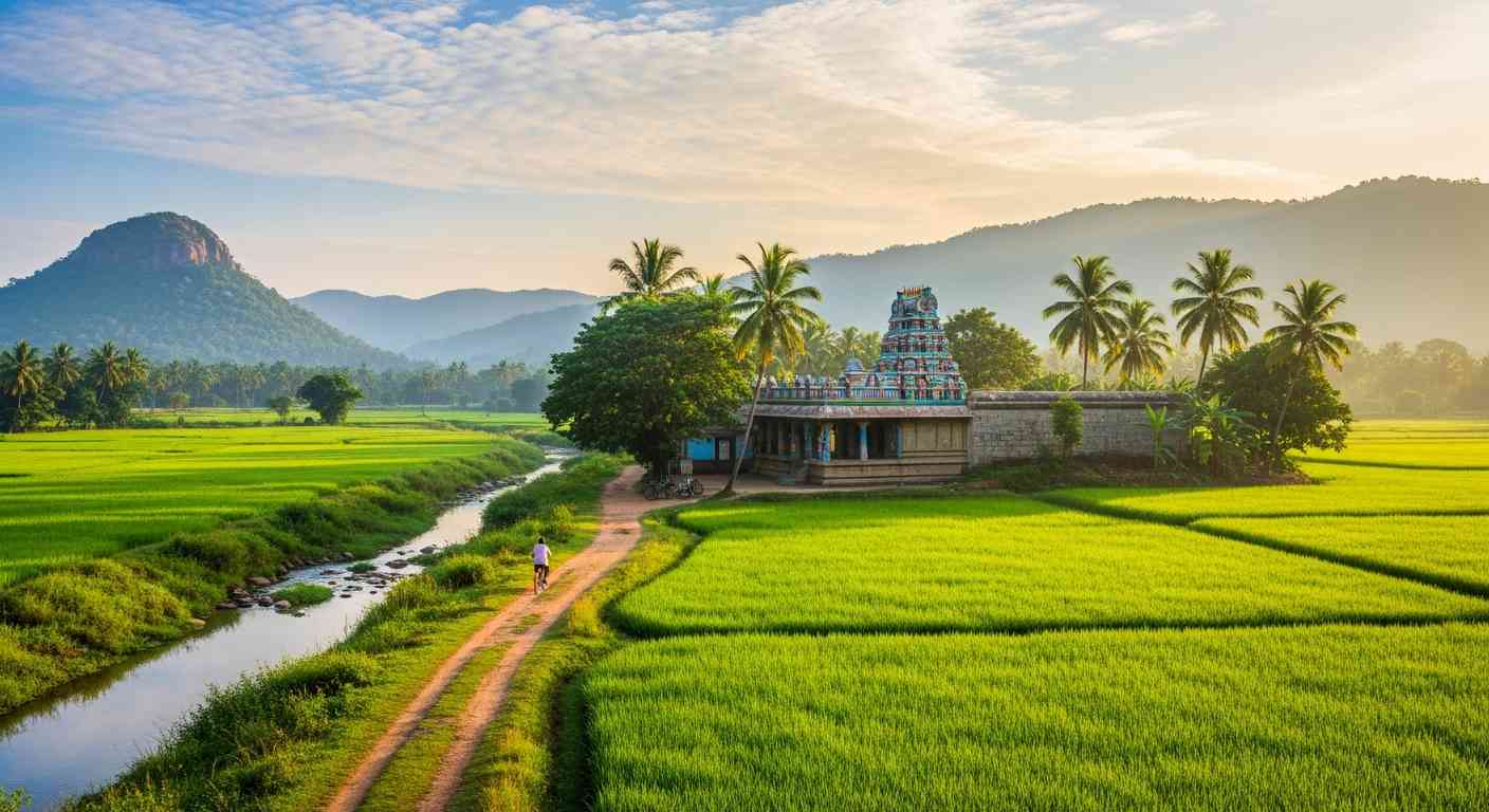Colorful temple beside palm trees in lush green rice fields with a canal and dirt path nearby.