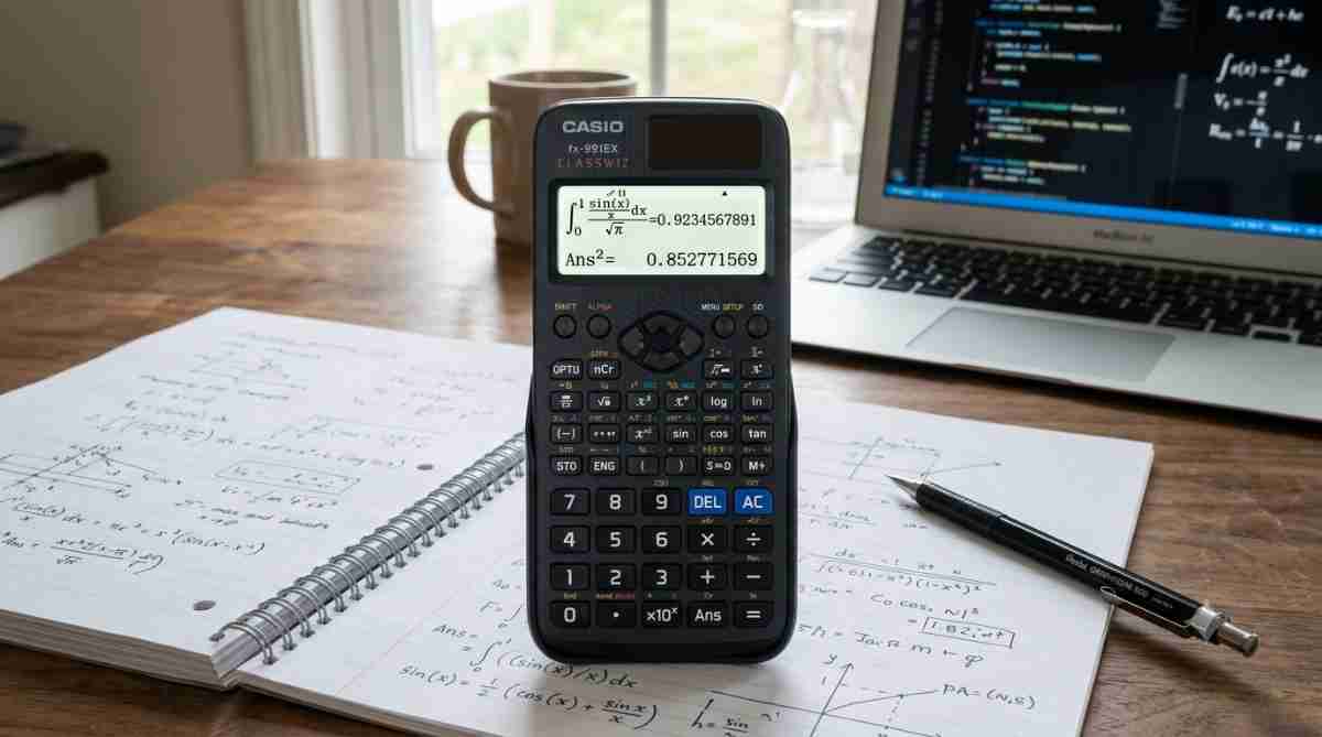 Casio scientific calculator on a notebook with handwritten math equations, a pen, and a laptop displaying code.
