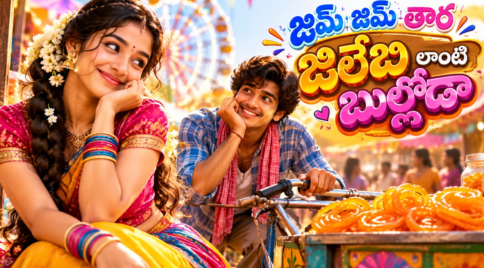 Smiling Indian woman in a bright sari sits beside a man on a bicycle at a colorful festival, with jalebi pastries in the foreground and bold title text to the right.
